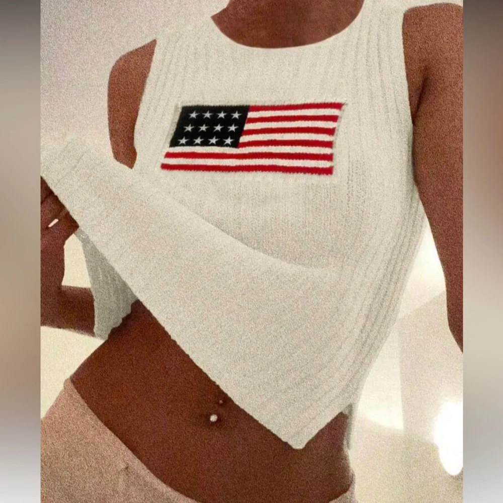 Cream Ribbed Knit Tank with Flag Patch - Picture 7 of 8